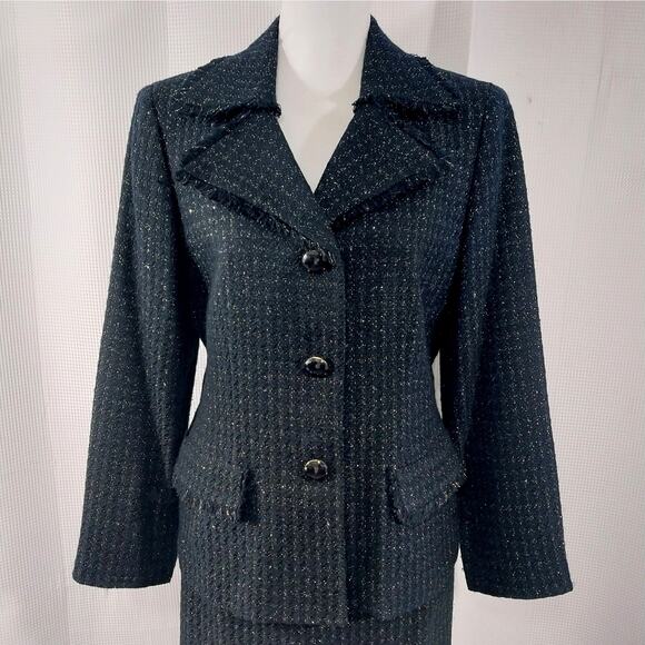 NWOT! KASPER! BLACK & SILVER METALLIC PLAID NUBBY FINISH SKIRT SUIT SET! SZ 14 - Picture 4 of 13